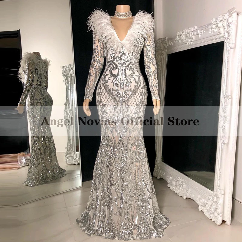 

Женское платье с длинным рукавом ANGEL NOVIAS, арабское вечернее платье с V-образным вырезом, длинное платье с перьями, 2021