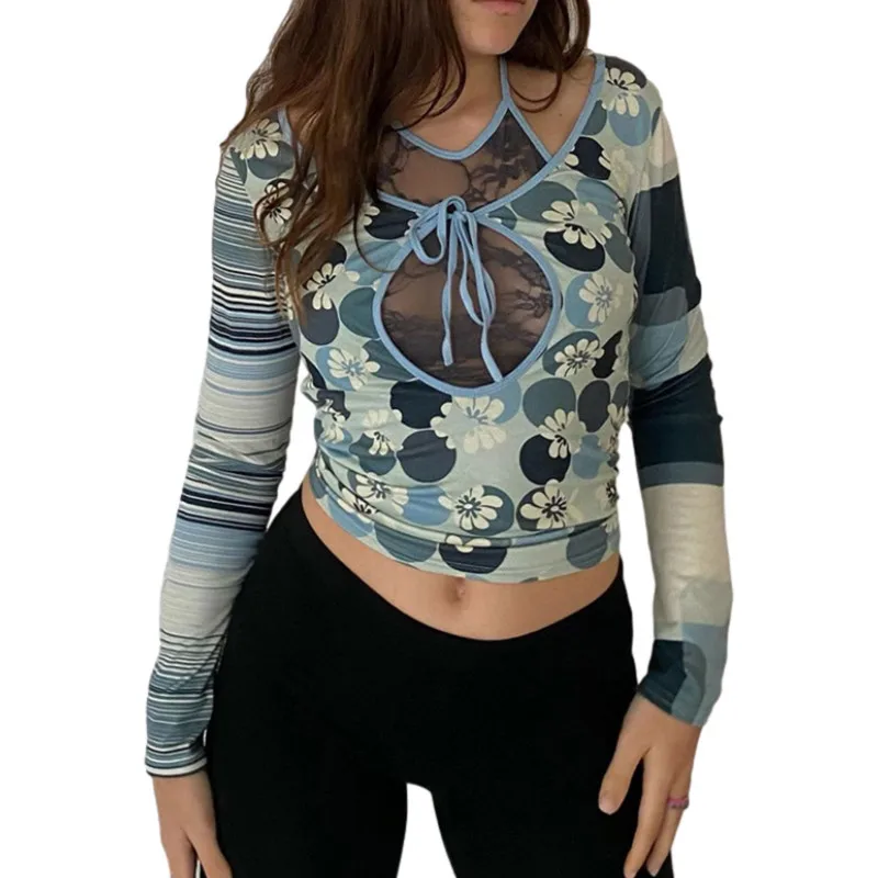 

Женский костюм из футболки и жилета 2019S, модные топы с длинным рукавом и принтом и Прозрачная Кружевная кофта, весна-осень