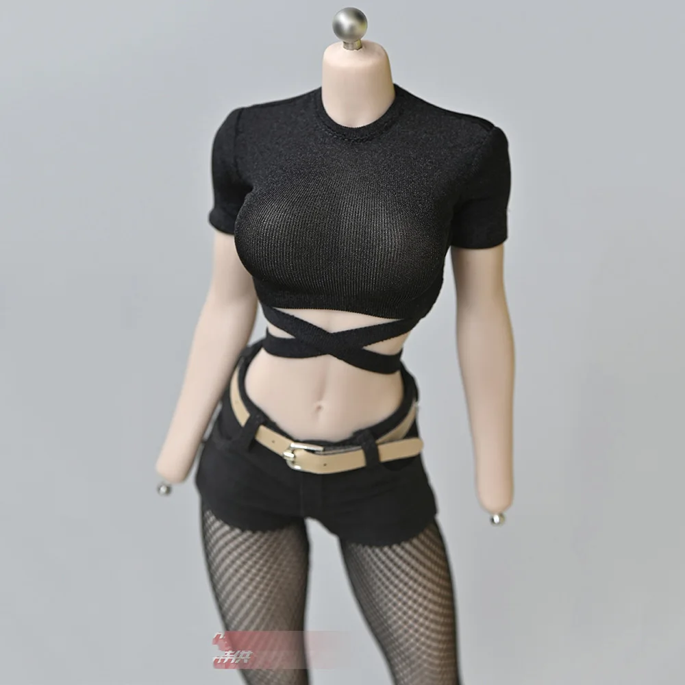 

1/6 Scale Female Tshirt Sexy Bandage Cross Straps Cropped Outfit for 12" Women Big Bust Action Figure