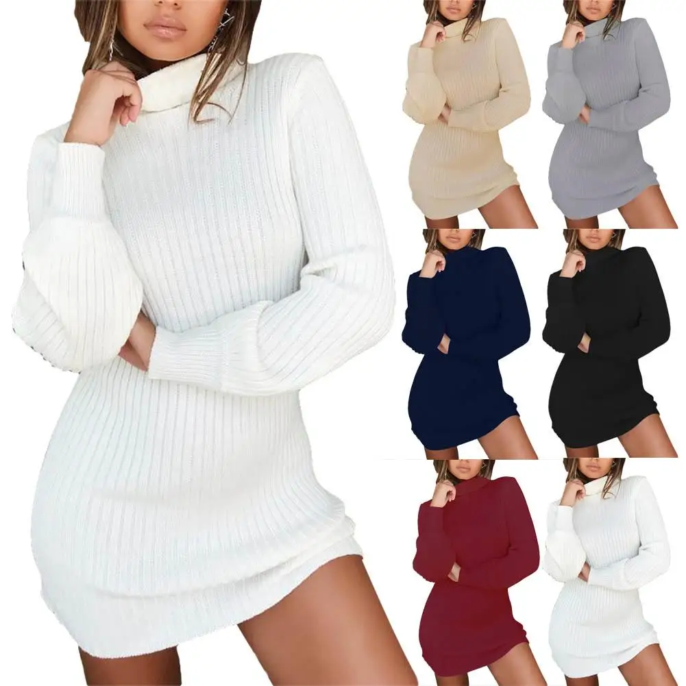 

Fashion Women Autumn Solid Color Long Sleeve Turtle Neck Ribbed Sliming Mini Dress Slim Elastic Bodycon Party Dresses