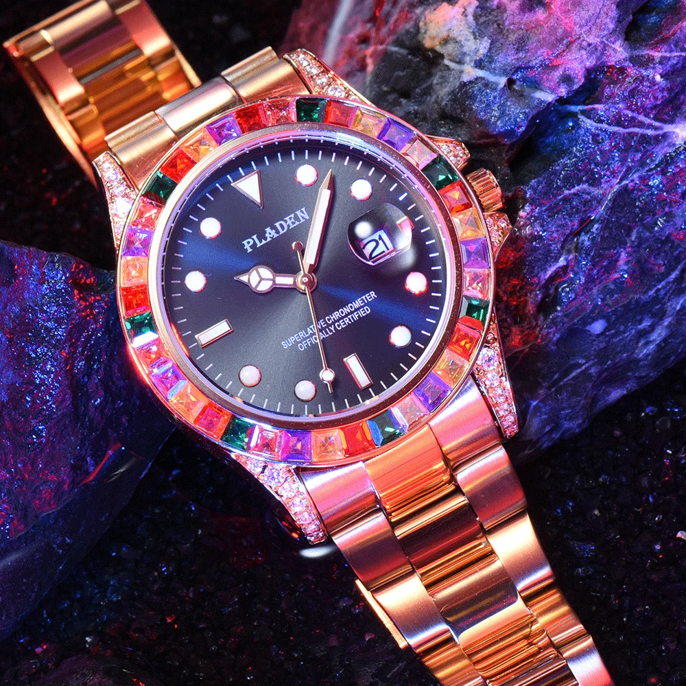 

PLADEN Men's Watch Candy Diamond Sapphire Glass Stainless Steel Men's Quartz Watch Round GMT Waterproof Male Business Watch