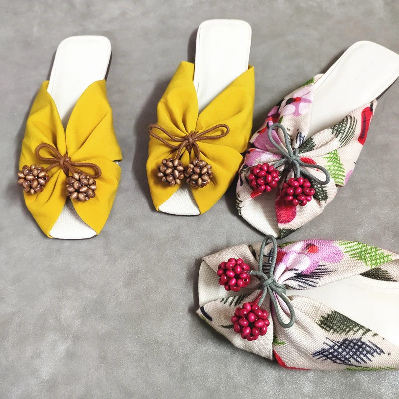 

2020 New Women Slippers Bowknot Flat Shoes Woman Summer Sandals Outside Print Beach Slides Casual Slipper Flats Mules