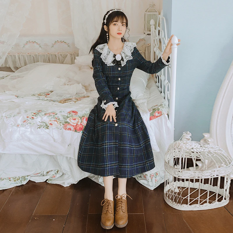 2019 Новая мода Женская одежда с длинным рукавом осень и зима клетчатое платье для