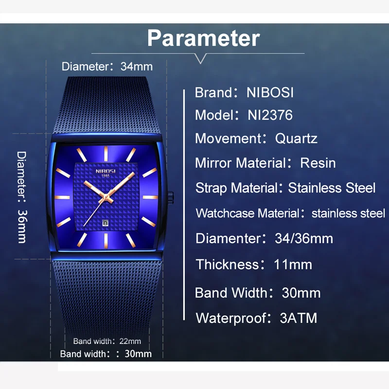 Часы наручные NIBOSI Мужские кварцевые брендовые Роскошные прямоугольные