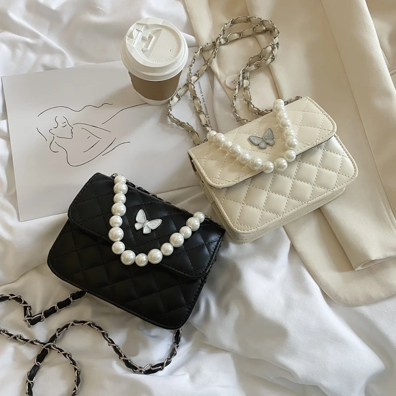 

Simple Plaid Women Small Square Shoulder Bag Fashion PU Leather Ladies Pearl Chain Crossbody Bag Female Portable Purses Handbags