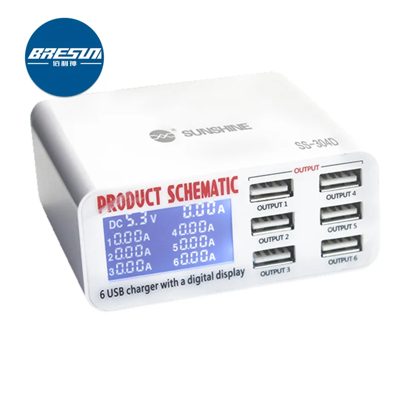 

Умное зарядное устройство SUNSHINE с 6 USB-портами, поддержка беспроводной зарядки с ЖК-дисплеем, инструменты для зарядки и ремонта