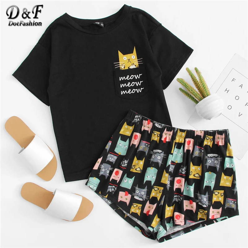 Dotfashion Футболка с принтом кота и шорты, пижамный комплект, Летний женский короткий рукав, опрятная Пижама с буквенным принтом, пижамный комплект с карманом
