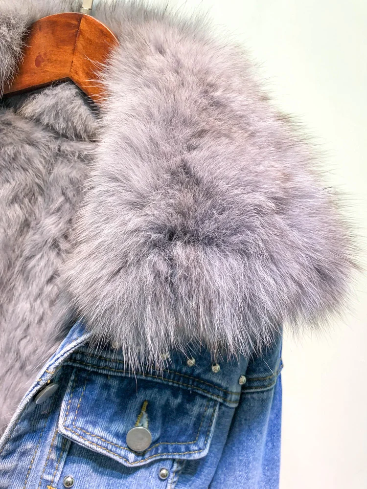 

Real Fox Fur Collar Thicker Warm Denim Coat Female Winter Real Rabbit Fur Liner Detachable Rivet Beading Real Fur Coat F2175
