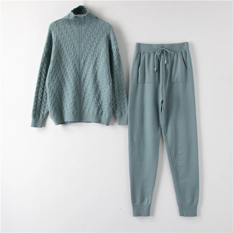 H01-pea green Водолазка, пуловер, свитера, трикотажные штаны, костюм из двух частей, комплекты для женщин на осень и зиму, теплый вязаный спортивный костюм, женский спортивный костюм - Цвет: H01-pea green