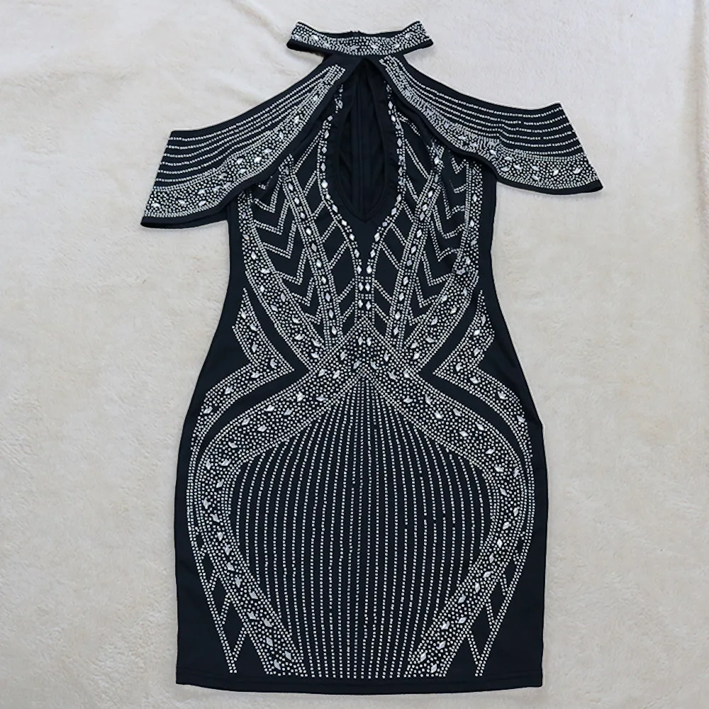 

Women Mini Dress Off The Shoulder Hollow Out Clubwear Fashion Shiny Rhinestones Bodycon Dress Sexy Slim Female Outfits