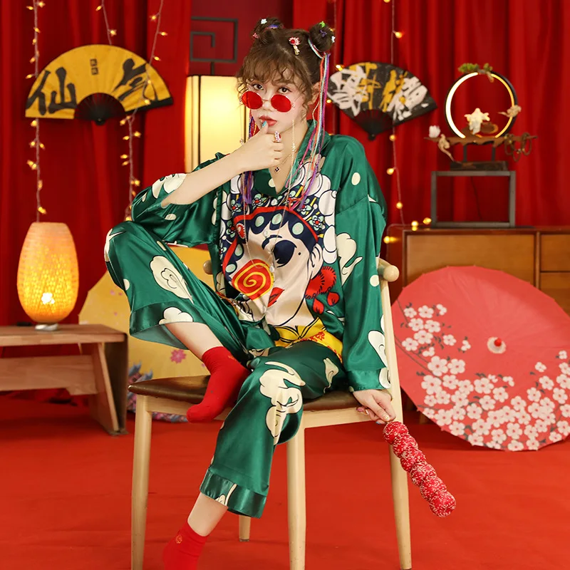 Autumn vintage Chinese tide wind ladies pajamas cardigan long sleeve soft ice silk girl suit home dress