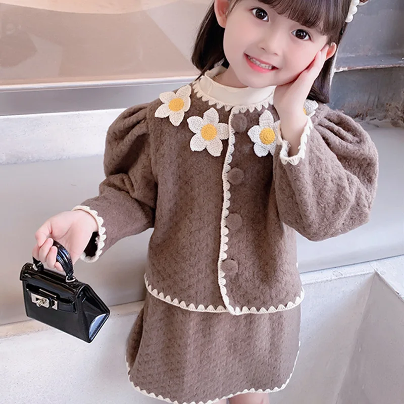 2021 Girls Baby Fashion Clothing Set Sweet Flowers Autumn Birthday Clothes Sets Jacket+skirts elegant Kids Children Outfits | Детская