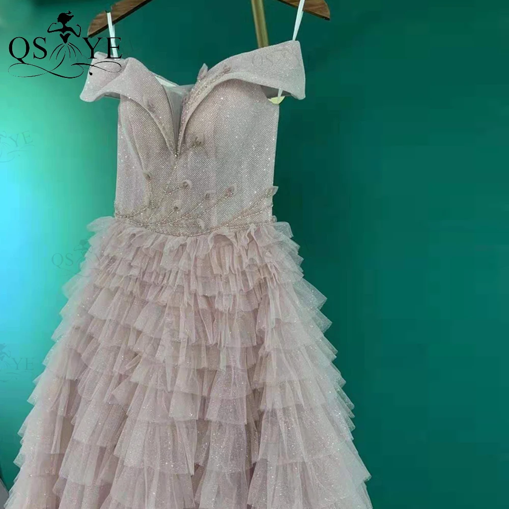 

QSYYE High Quality Blush Prom Dress Tiered Skirt Long Evening Glitter Bodice Feathers Tulle Off the Shoulder Elegant Party Dress