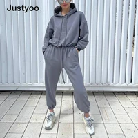 oversized women tops and pockets two piece sets casual hooded blouse autumn solid matching suit femme elastic waist tracksuit