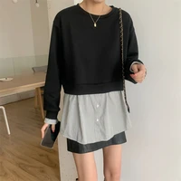 korean version 2021 fake two piece pullover solid color patchwork loose stitching for lady commuter casual bottoming top fashion