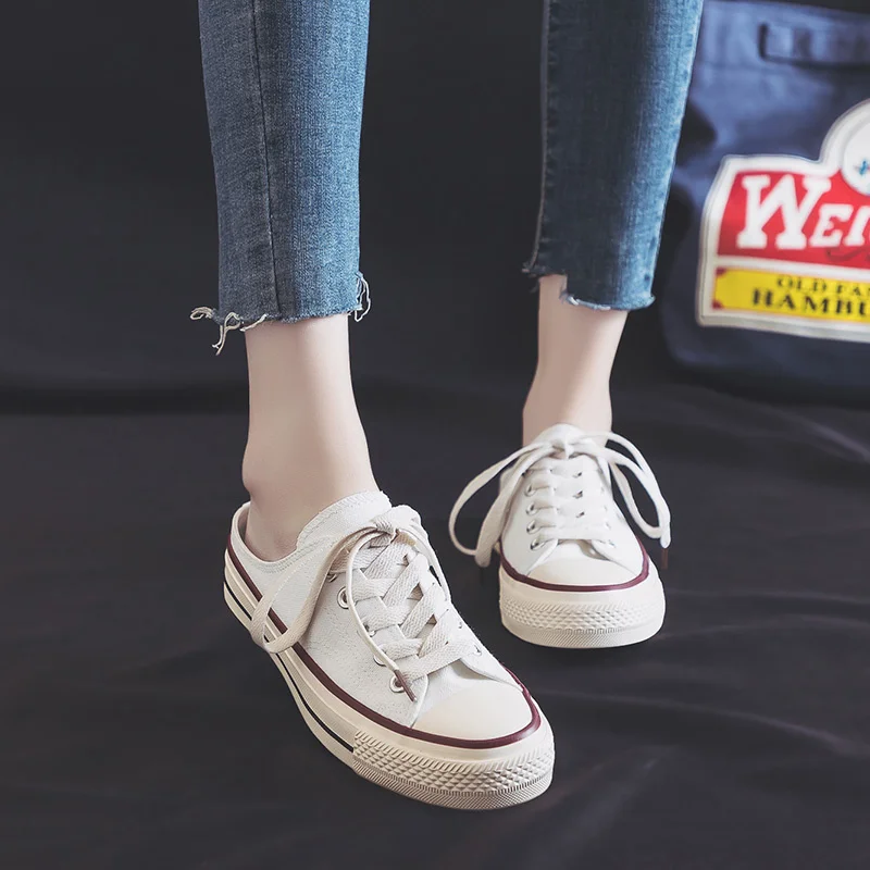 

Female Shoes Slippers Casual Cover Toe Slides Low 2021 Luxury Soft Flat Fabric Spring Rome Canvas PU Basic Shoes Women Low Ladi
