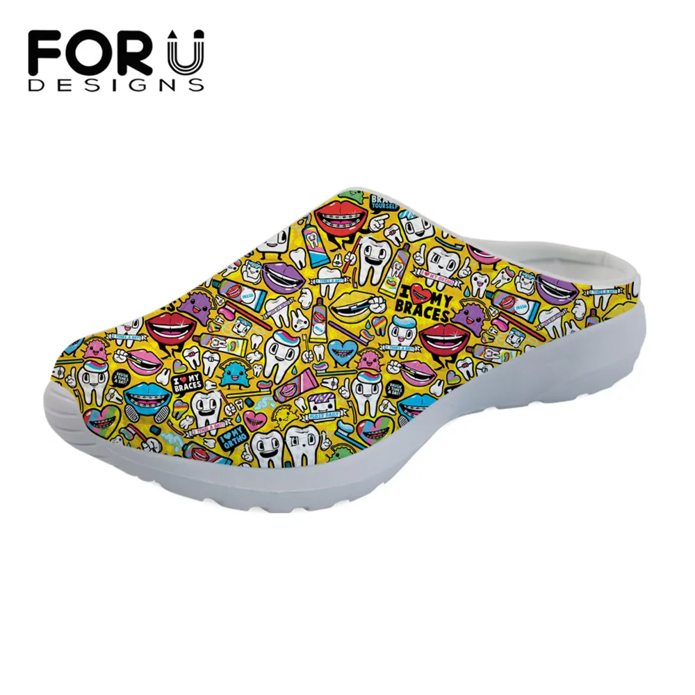 

FORUDESIGNS Woman Summer Home Sandals Yellow Slippers Female Nurse Flat Shoes Cartoon Dentist Teeth Tooth Print Mesh Slipper New