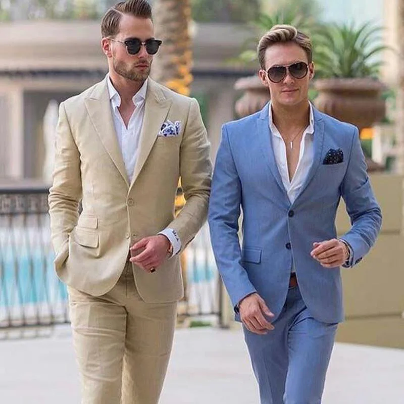 

2020 Ivory Linen Men Suits for Beach Wedding Groom Tuxedos Notched Lapel Terno Two Pieces Groomsmen Wear Slim Fit Men Suits