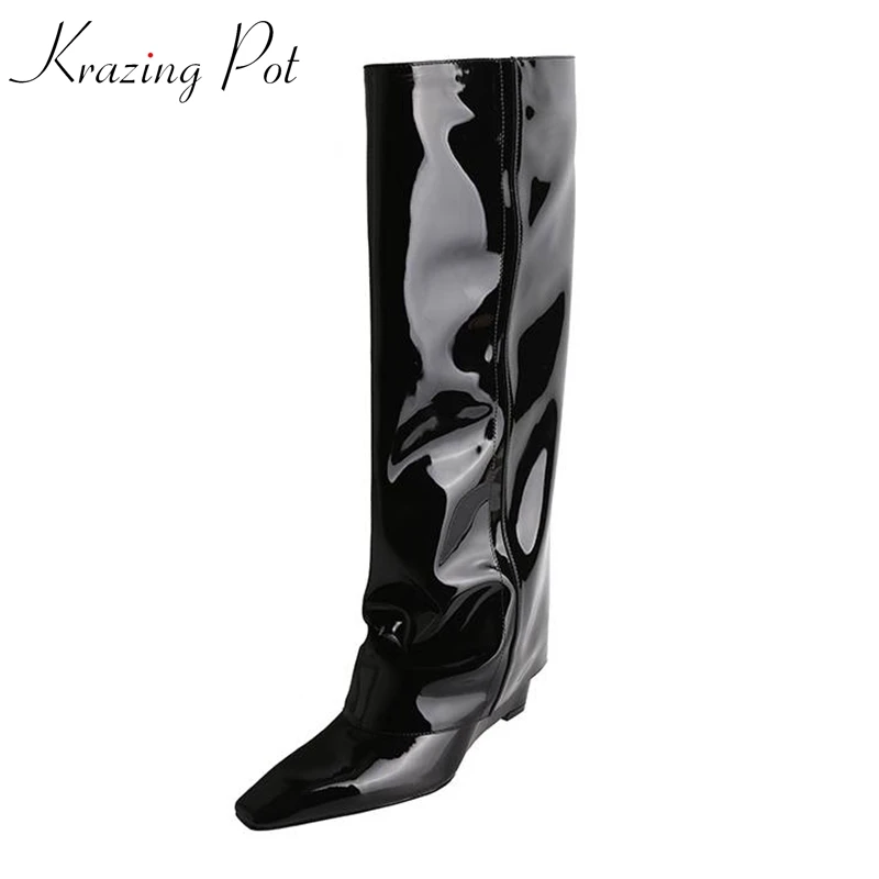 

krazing pot cow leather square toe riding boots zipper European pleated decoration high heels winter luxury knee-high boots l75