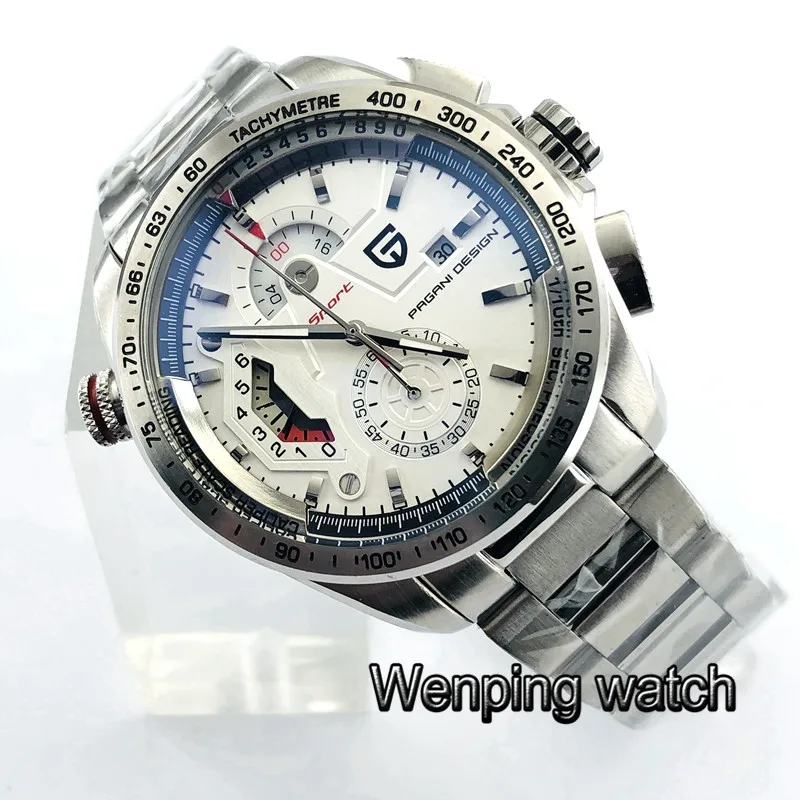 Новый 44 мм Pagani Дизайн Серебристый Стальной чехол белый циферблат Кварцевые