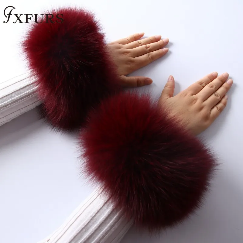 wine red Настоящие женские настоящие манжеты из лисьего меха ручная одежда из меха енота манжета женский браслет рука теплые украшения браслет рукав - Цвет: wine red