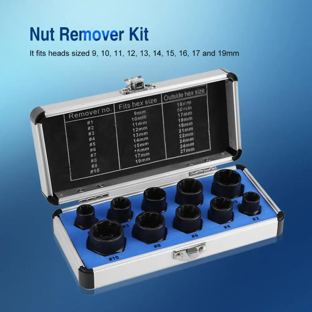 

New 10pcs 9-19mm Damaged Nut Bolt Remover Kit Stud Extractor Broken Bolt Screw Remover Hand Tools Set Threading Tool