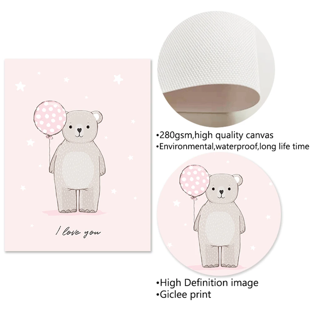 Милый медвежонок детская настенная живопись розовый воздушный шар холст постер