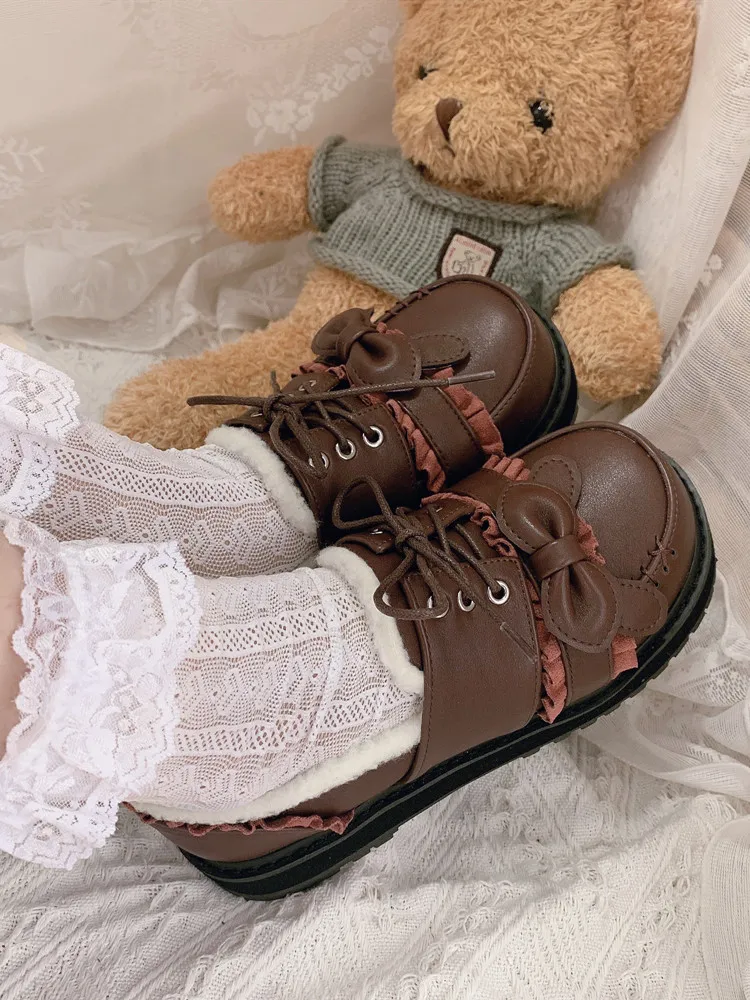 

Lace Up Sweet Girl Cute Lolita Shoes Lovely Jk Uniform Shoes Winter Warm Girl Soft Student Plus Velvet Kawaii Anime Cosplay Shoe