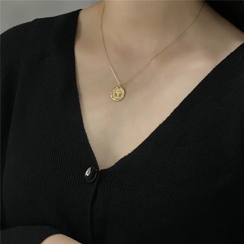

POFUNUO Real 925 Sterling Silver Geometric Cross Coin Pendant Necklace Women Simple Design Niche Chic Chokers Silver Necklace