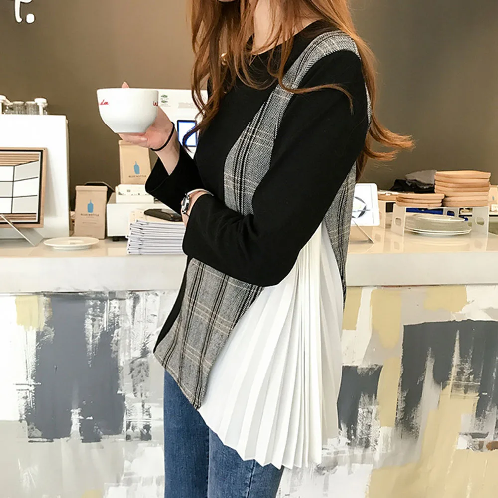 Женская футболка в клетку Корейском стиле черная Весенняя с длинным рукавом