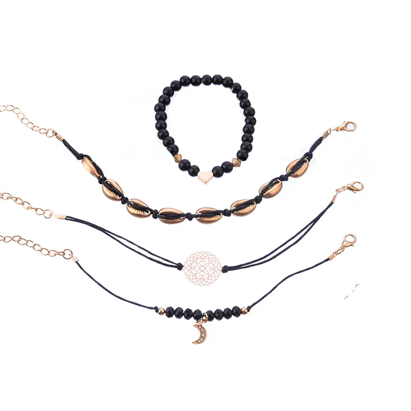 4pcs/Set Heart Shell Bead Chain Bracelet Women Boho Moon Pendant Adjustable Charm Gifts For Friends Jewelry Femme | Украшения и