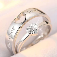 free shipping adjustable open heart shaped copper 30 silver plated crystal couple ring men women proposal jewelry dropshipping