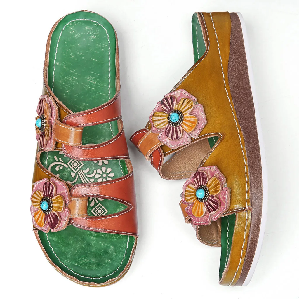 woman slippers Retro Dimensional Flower Material Stitching Sandals Vintage Wedge Shoes женские шлепанцы sandals | Обувь