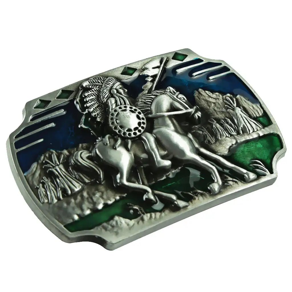 

Fashion Western Classic Retangle Horse& Knight Cowboy Belt Buckle Silver&Green