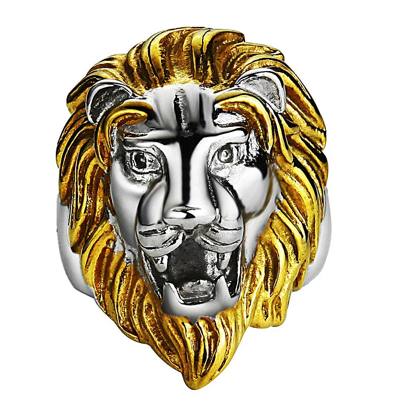 Мужское кольцо из нержавеющей стали серебряного и золотистого цвета Лев