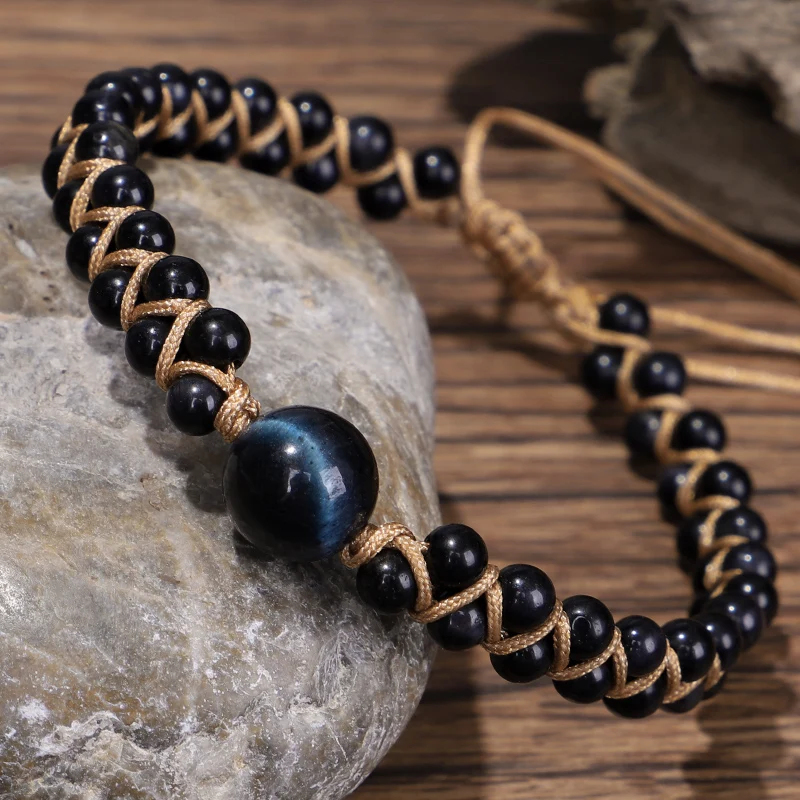

Handmade Tiger Eye Stone Beads Bracelet Adjustable Braided Rope Bangles Natural Lava Men Women Yoga Healing Balance Bracelet