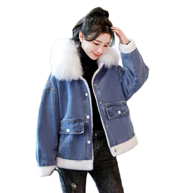 

Новинка зимы 2021, свободная куртка в Корейском стиле с большим меховым воротником и хлопковой подкладкой, Женская Повседневная бархатная То...