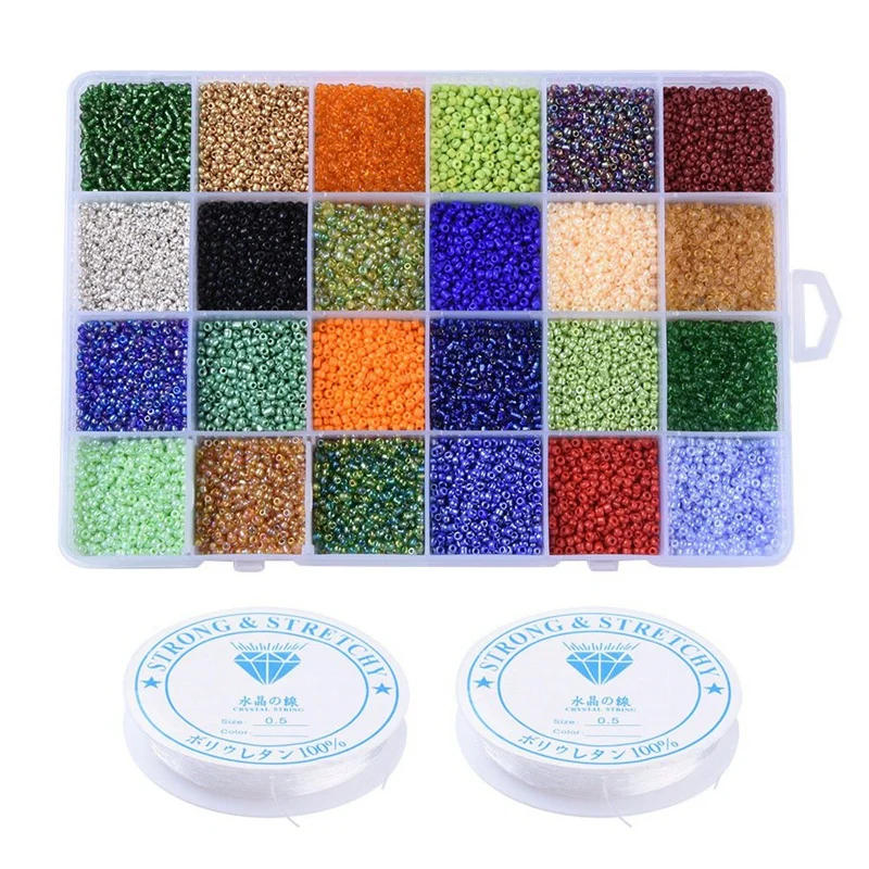 

Beading Glass Seed Beads Kit Round Beads Assorted Kit with Crystal Rope for Jewelry Bracelet Making & Beading