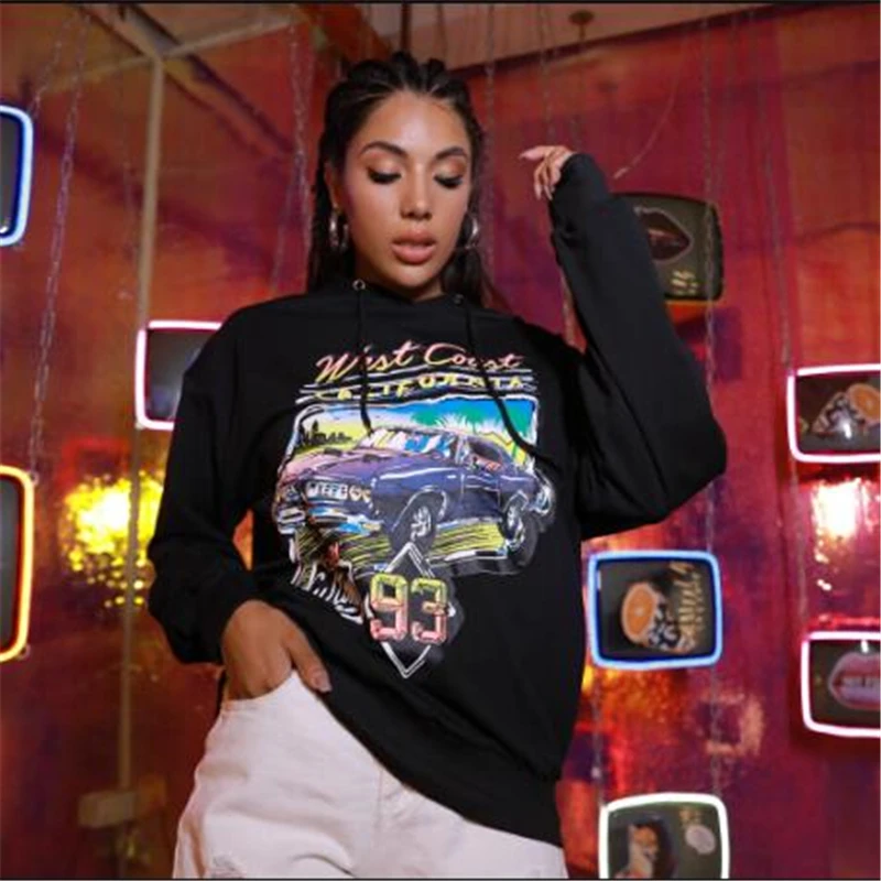 

Fashion Casual Women Autumn Pullover Tops Long Sleeve Black Hoodies Chic Colorful Printed Tracksuit Loose Streetwear