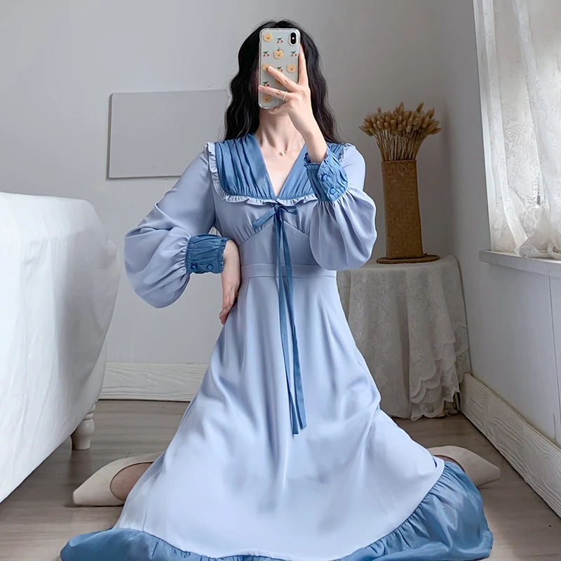 

COIGARSAM Full Sleeve Women dress V-Neck Dresses Blue 6884