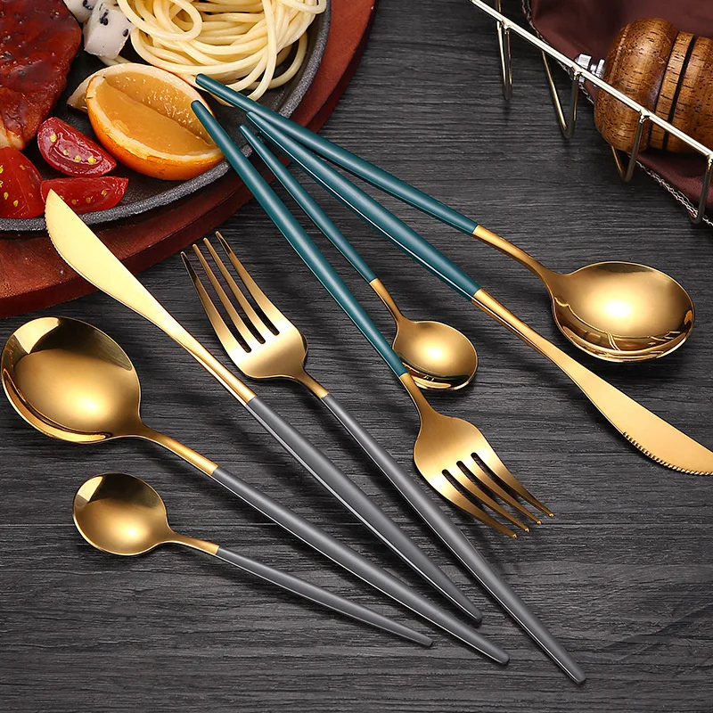

4 предмета в комплекте черного и золотого цвета посуда набор нержавеющая сталь столовых приборов столовый нож вилка ложка Nordic кухонные прин...