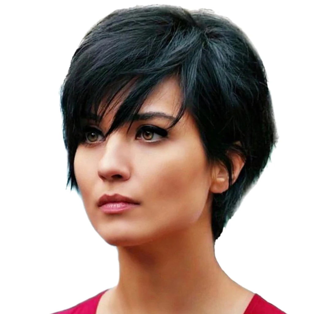 

Stylish Natural Black Short Straight Wig Real Human Hair Wigs for Women Party Cosplay/ Daily Wear
