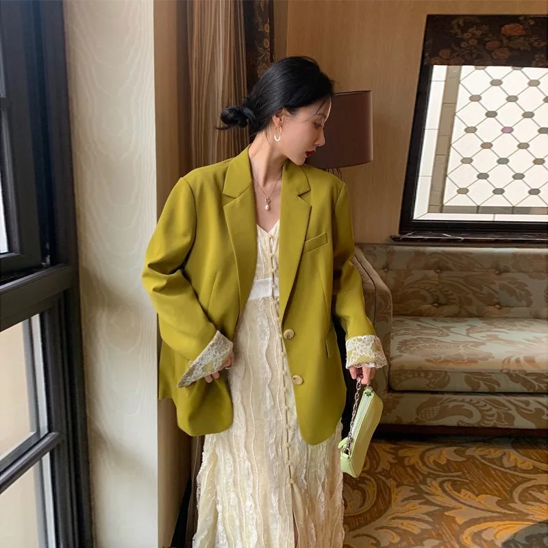 

Женский винтажный блейзер с кружевом, элегантный повседневный Блейзер оливкового цвета с воротником-стойкой на осень