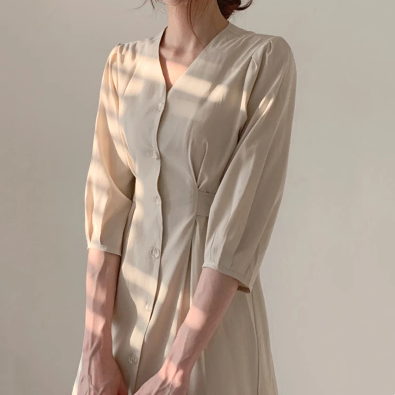 

Korean Chic Temperament All Match V Neck Single Breasted High Waist Slim Fishtail Midi Ruffles Ladies Elegant Office Clothes