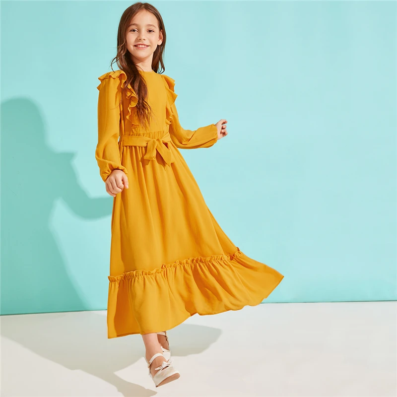 SHEIN Kiddie/однотонное платье с оборками на подоле для девочек с поясом; коллекция года; сезон осень; милые детские макси платья с высокой талией на молнии сзади