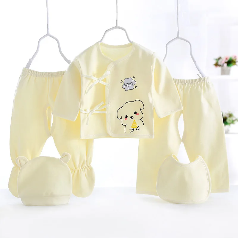 5PCS Tops+Pants+Hat+Bib Cotton Newborn Baby Sets Unisex Print Girl Clothes Long Sleeve Boy Solid Fall Winter | Детская одежда и