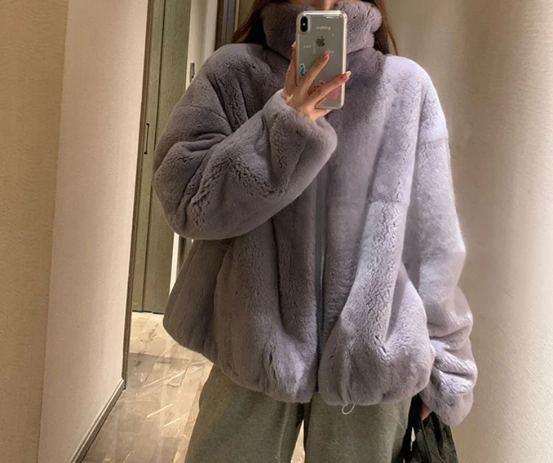 Женская реальная натуральная флисовая куртка большого размера фиолетового