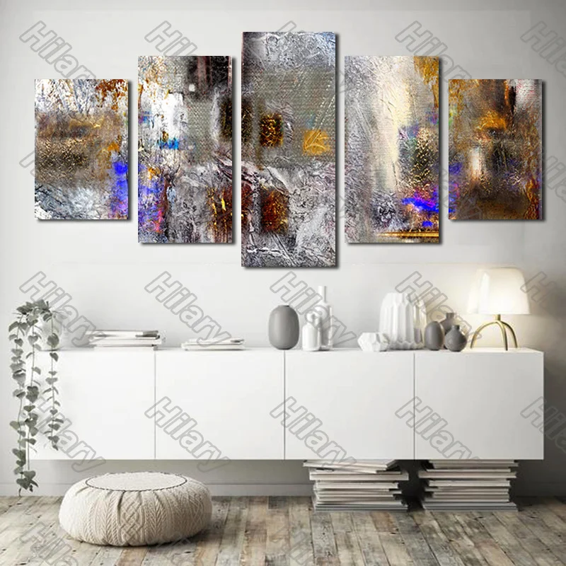 

Poster Abstract White Silver Golden Painting 5Pcs Posters Painting Wall Art Decoration for Living Room and Bedroom Frameless