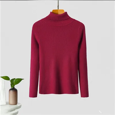 Wine Red GCAROL/осенне-зимний свитер с высоким воротником, трикотажный джемпер из эластичной пряжи, тонкий теплый базовый пуловер, базовые Топы OL - Цвет: Wine Red
