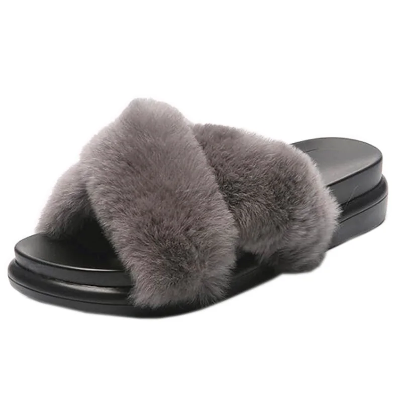 Женские тапочки их меха под кролика меховые шлепанцы Зимние пушистые сандалии